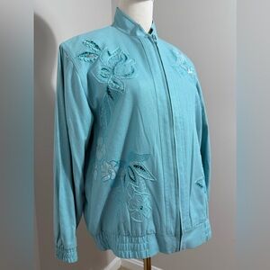 Light blue 100% silk women’s bomber / jacket size medium petite